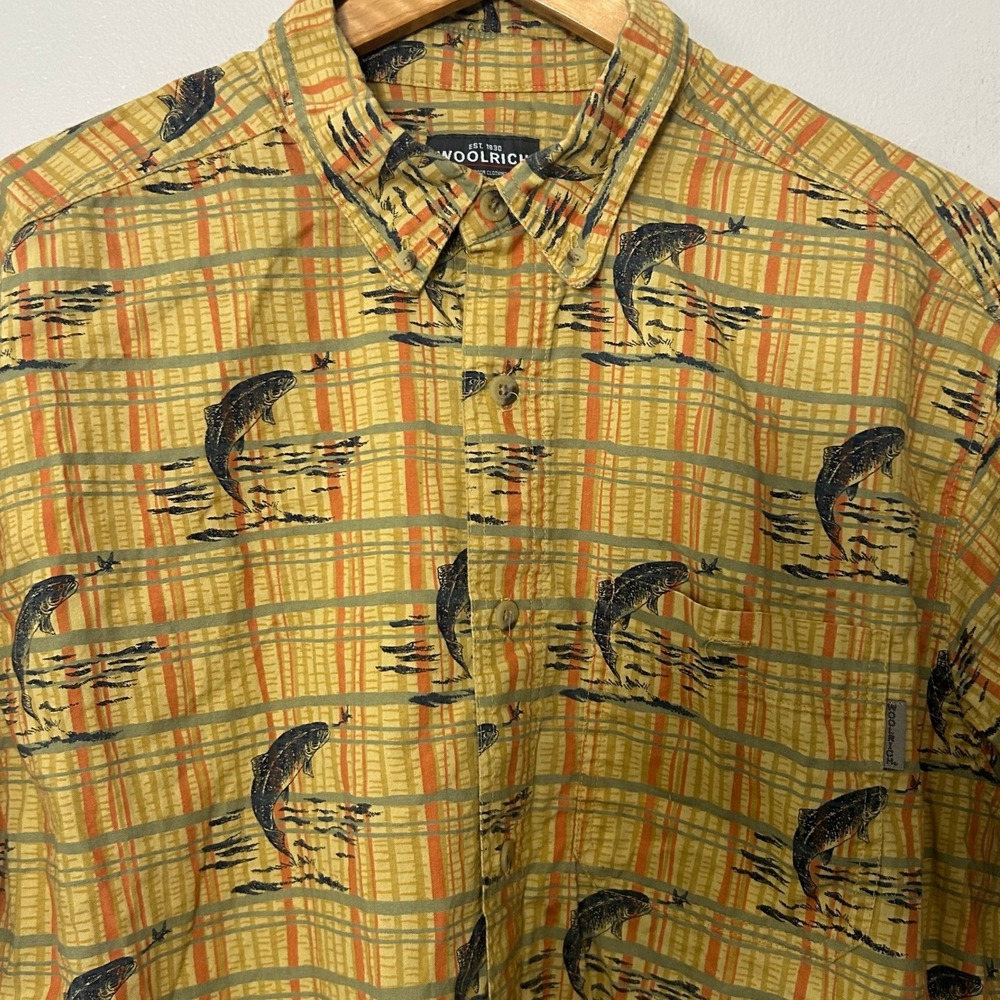 Woolrich Shirt Men XL Curry Yellow Fish Dragonfly Print Short Sleeve Button Down